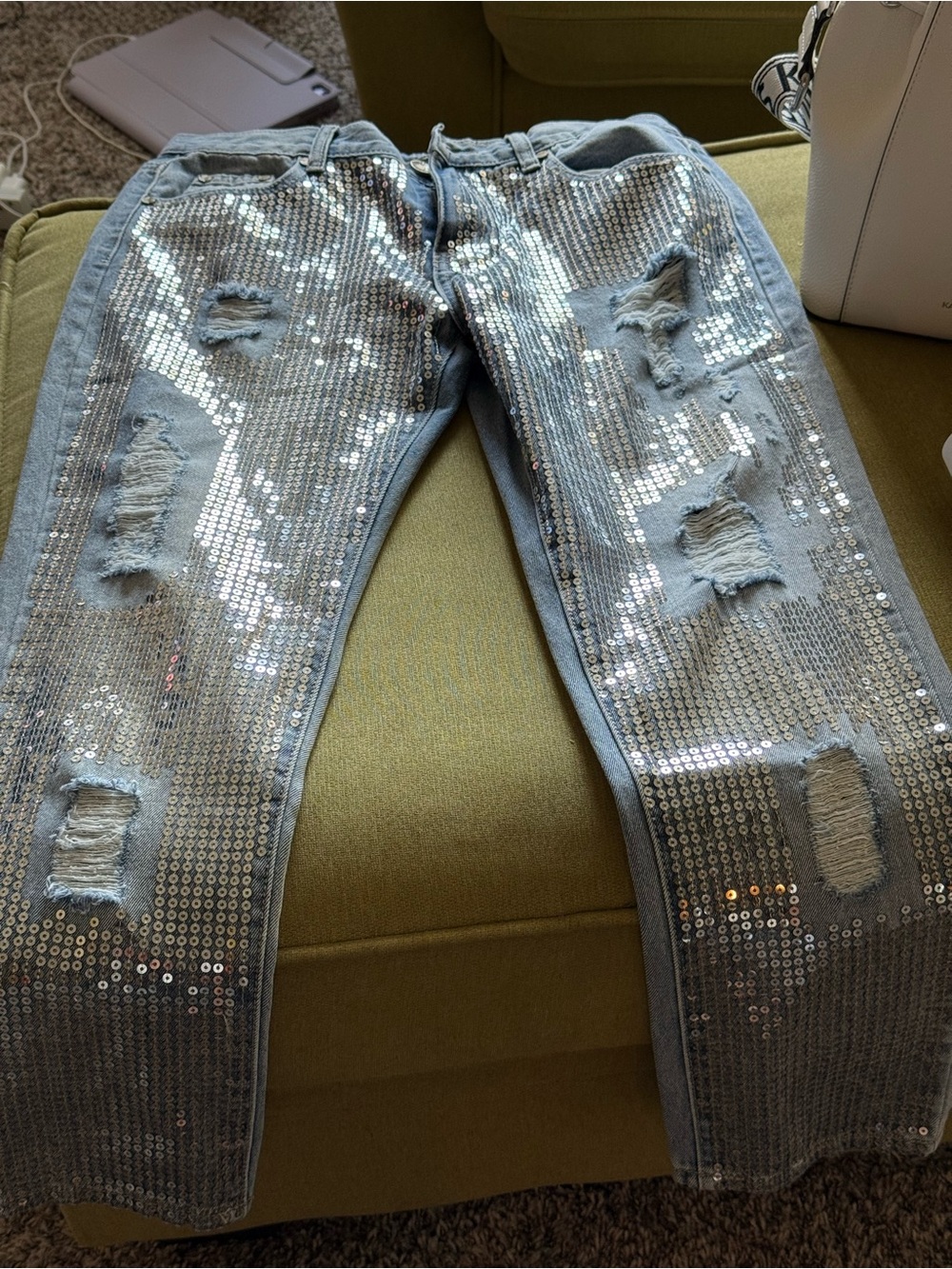 Womens Light Blue Distressed Sequin Jeans